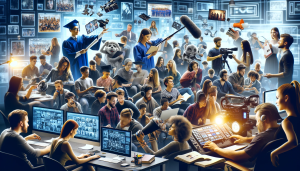 DALL·E 2024 01 11 00.52.25 Create an image showcasing diverse student experiences and outcomes at Full Sail University. The image should feature students engaged in various acti