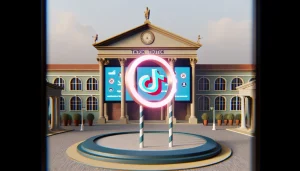 DALL·E 2024 02 09 23.33.08 Design an image that visualizes the concept of universities banning TikTok. The scene should depict a symbolic university campus entrance with a large
