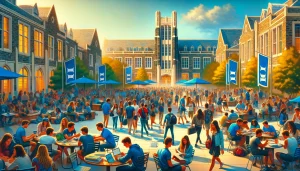 DALL·E 2024 02 12 17.55.42 A lively and vibrant scene capturing the spirit of Duke Universitys campus life. This image illustrates a bustling student plaza filled with students
