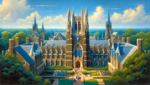DALL·E 2024 02 12 17.55.47 An iconic image of Duke University showcasing its distinctive Gothic architecture with the famous Duke Chapel at the forefront. The chapel is highlig