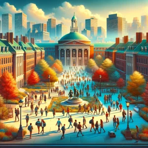DALL·E 2024 02 19 16.34.09 A panoramic view of Boston Universitys campus during a vibrant autumn day illustrating the schools prestigious academic environment. This depiction
